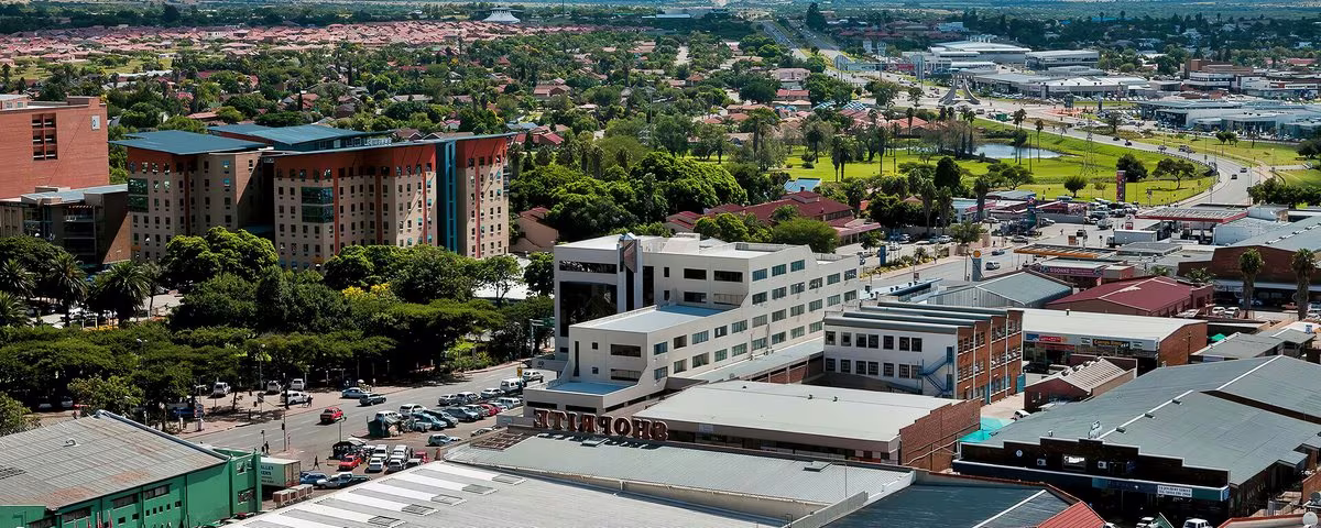 Aerial view over the Polokwane CBD toward the city's northern suburbs